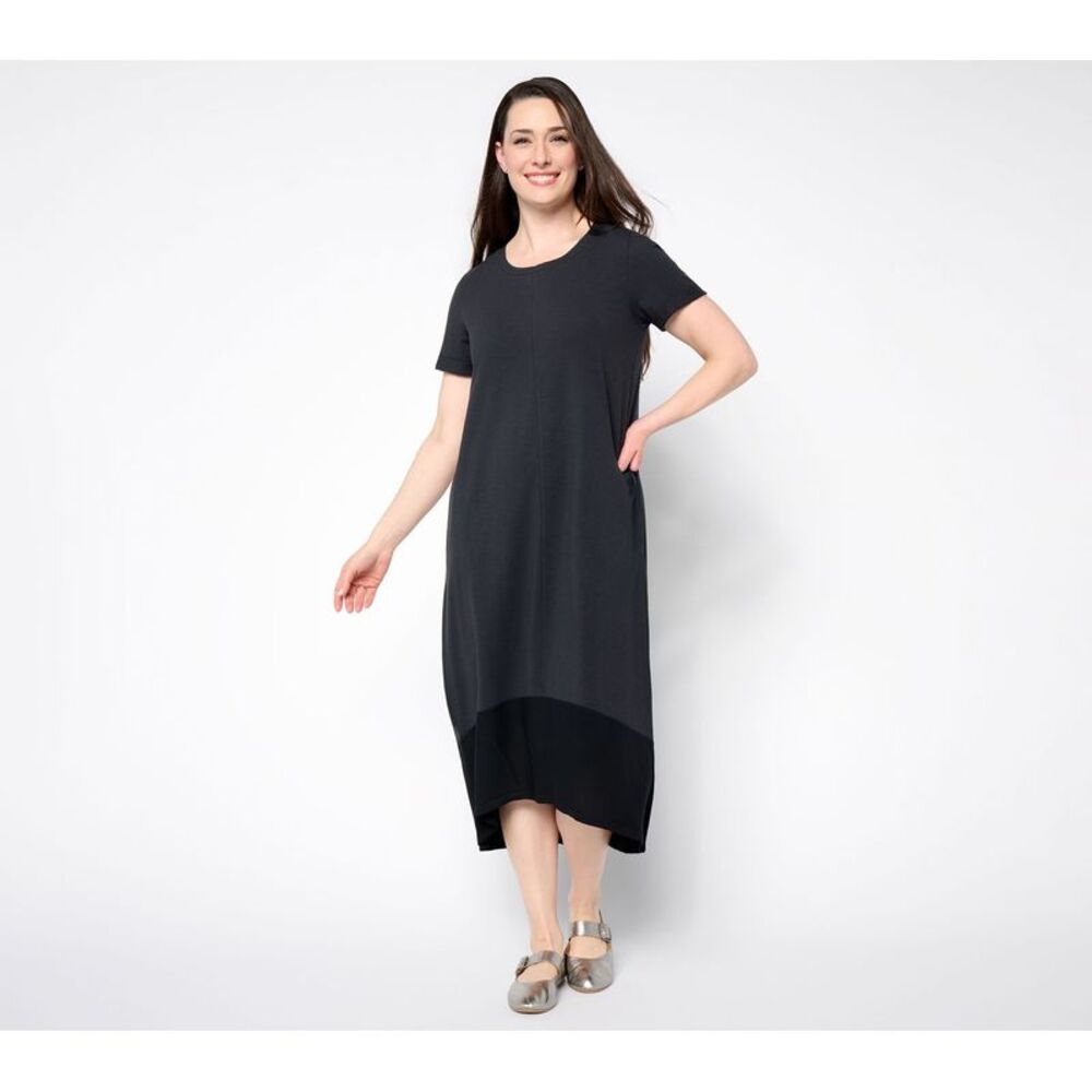 Fashion Women's Dress Sz L Knit Midi w Woven Hem Black